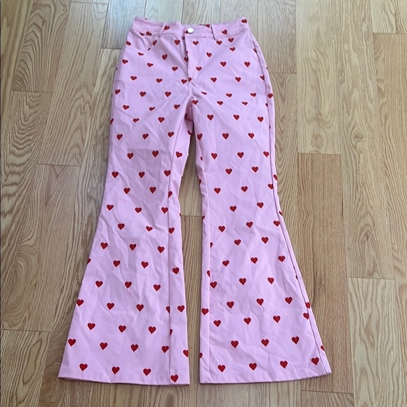 Cider Pants - Cider small Pink Heart Pattern high rise Flared Pants.